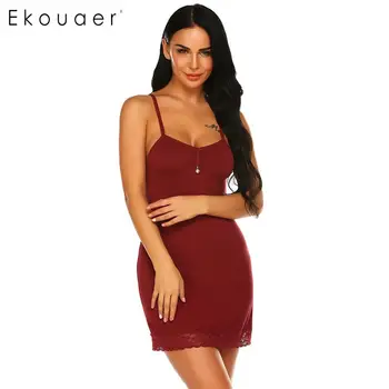 

Ekouaer Women Sexy Lingerie Sleepwear Nightgown V-neck Spaghetti Strap Lace Patchwork Babydoll Dress Summer Nightdress