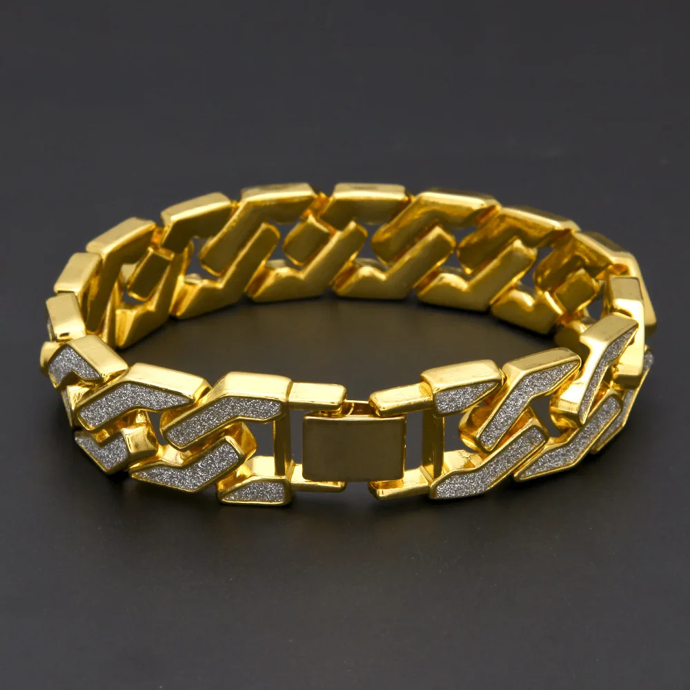 

Men's Bling Sand Blast Iced Out Bracelet Hip Hop Gold silver color Cuban Link Chain Heavy Bangle For women Hiphop Jewelry Gift