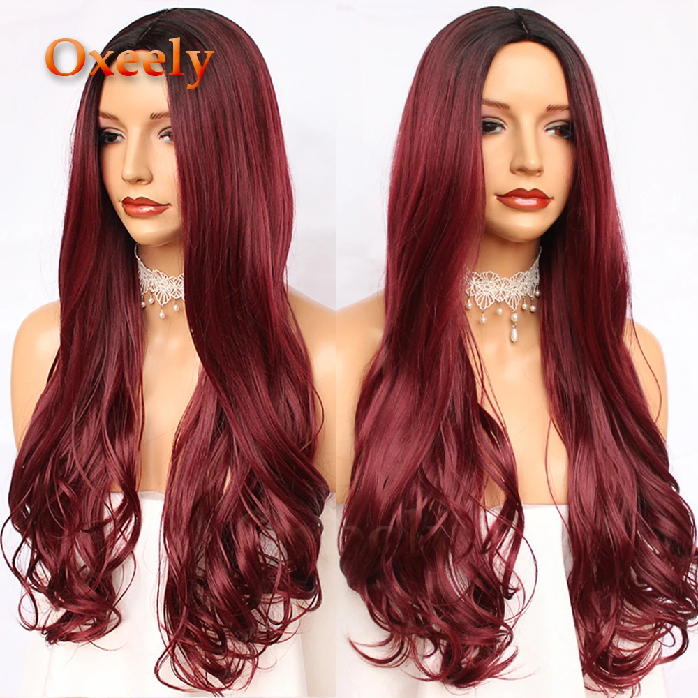 Oxeely Burgundy Long Wavy Hair Synthetic Hair Full Wig Red Natural Body Wave None Lace Wig Heat Resistant Deep Parting for Women