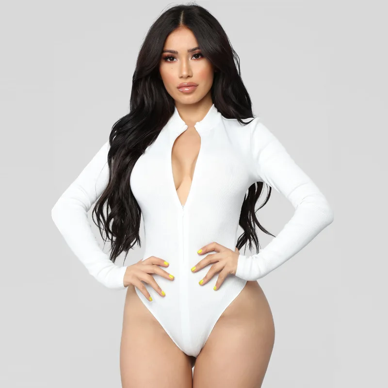

NORMOV Women Bodysuits Sexy Solid With Zipper Long Sleeve Bodycon Jumpsuits Push Up Sheath Bar Bodysuits Pole Dance Jumpsuits