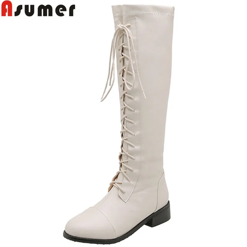 ASUMER/Новинка года; сапоги до колена; женские сапоги на шнуровке с круглым носком; женская обувь на квадратном каблуке; сезон осень-зима; женские сапоги