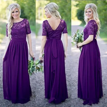 

Long Formal Purple Lace Chiffon Modest Bridesmaid Dresses With Short Sleeves Sparkling Rustic Brides Maid Dresses Wedding