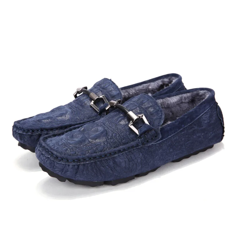 Men Loafers Plush Keep Warm Soft Moccasins Winter Suede Leather Slip On Shoes Casual Mens Fur Flats Gommino Driving Shoes Black - Цвет: WDE-8003-1-Blue