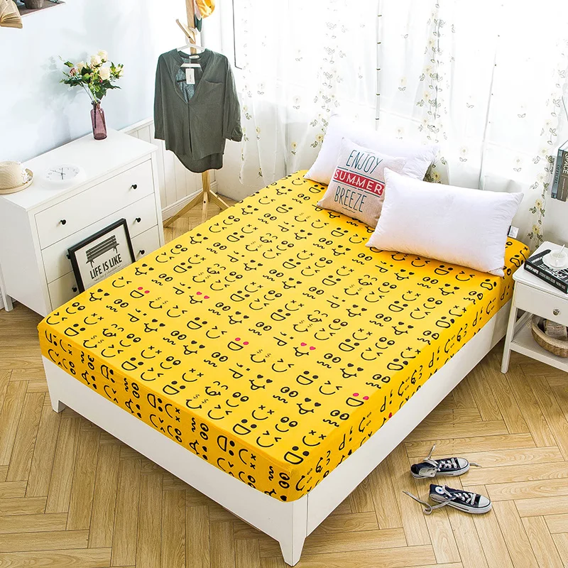 

Fashion Yellow+Black Smiley Pattern Thickening 1pcs/Set Home Textile Bedding Fitted Bed Sheet Elastic Bedspread Summer Mattress