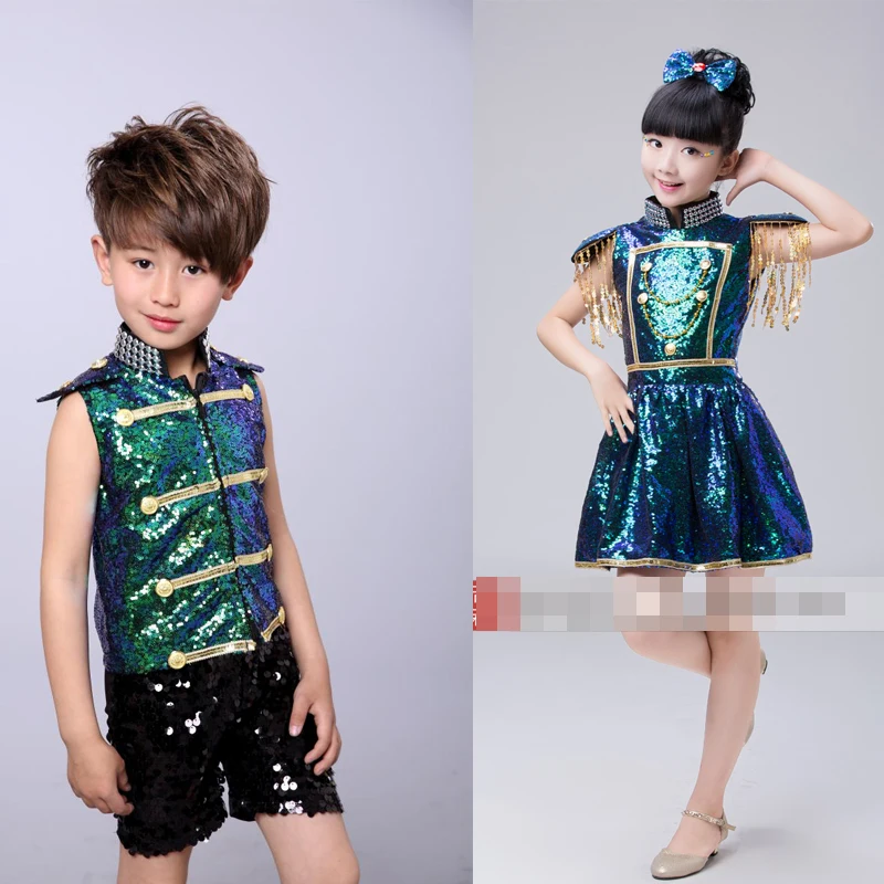 

Girls Boys Ballroom Sequined Dance Clothes Kids Party Jazz Hip Hop Modern Dancewear Set Child Dancing Costume Outfits Skirt
