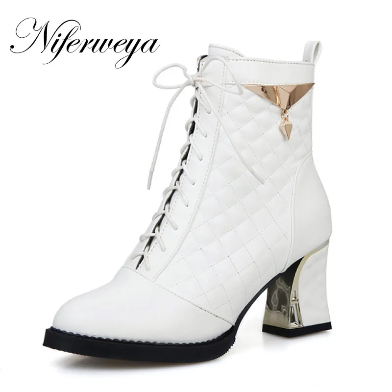 

2016 Fashion winter women shoes sexy Round Toe silver high heels solid PU Lace-Up Ankle boots big size 34-48 AYY-902-5