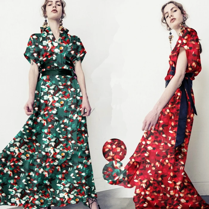 

118CM Wide 19MM 93% Silk & 7% Spandex Print Stretch Red Green Silk Satin Fabric for Summer Dress Clothes Cheongsam D1061