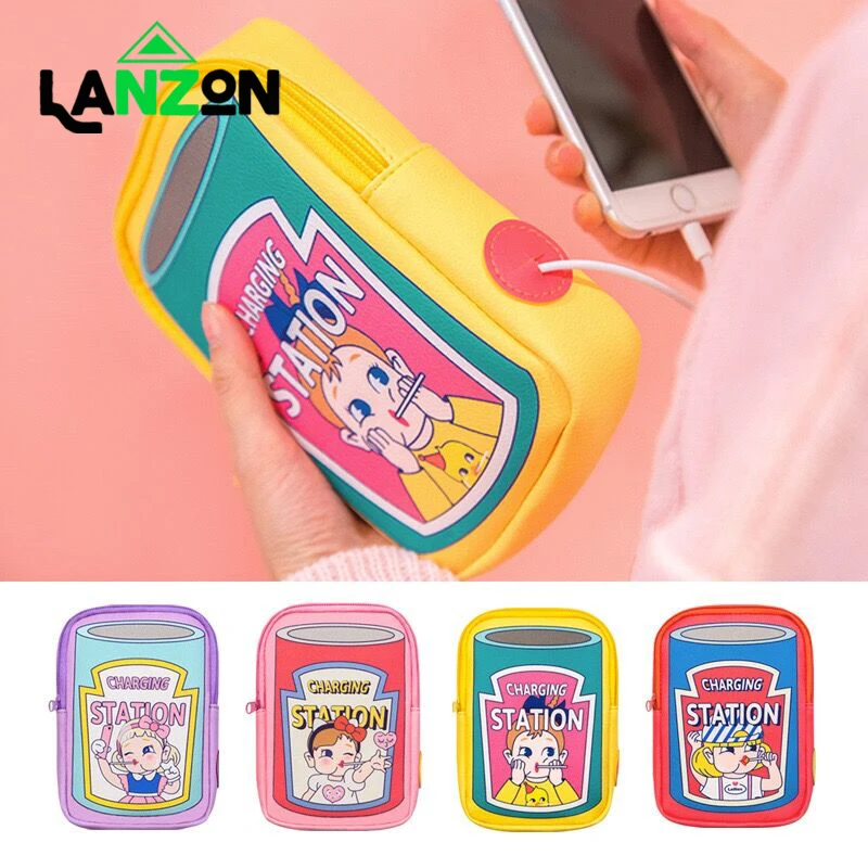

Cute Girls Carry Phone Bags Cartoon Printed Multinfunction Earphone wire hole Bags for Women Zipper Funny Pattern Coin Purse Bag