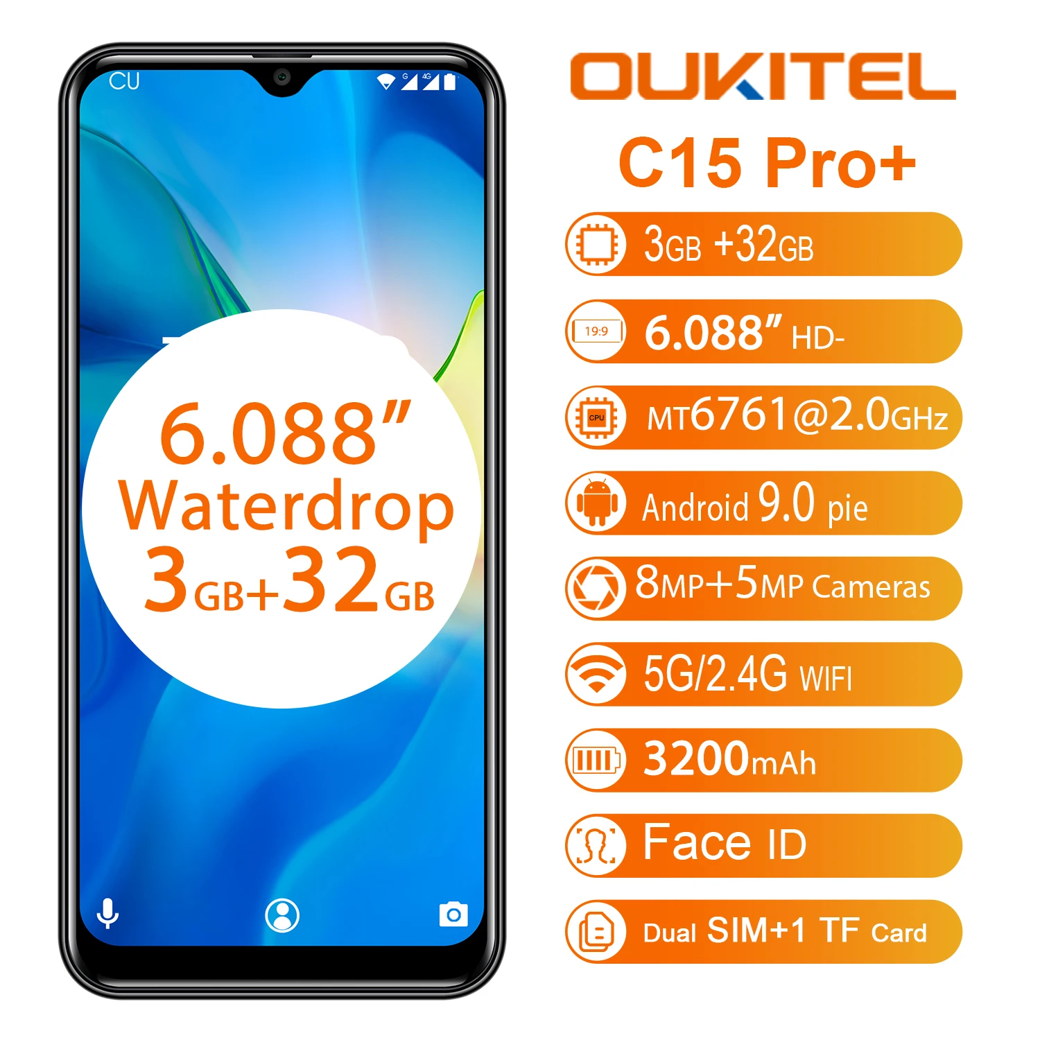 OUKITEL C15 Pro 6.088'' 4G Smartphone 3GB 32GB MT6761 Water Drop Screen 2.4G/5G WiFi Mobile Phone C15 Pro + Fingerprint Face ID