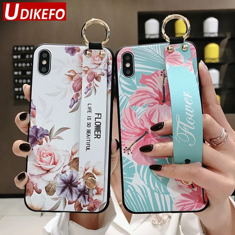 UDKEFO Wrist Strap Phone Cases For iPhone 8 Plus Flower Case 6 6S 7 X XS Max XR Soft Silicone Back Cover i7+ |