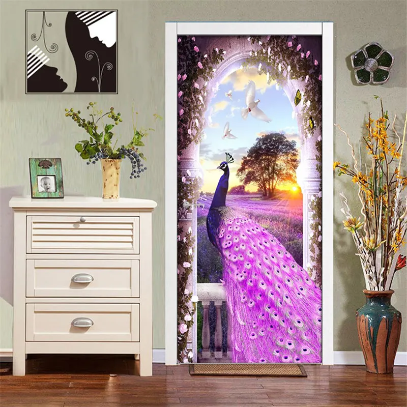 ПВХ Наклейка на дверь современный фиолетовый павлин мечта Лаванда 3D обои Гостиная Спальня домашний декор настенные наклейки виниловая настенная паста