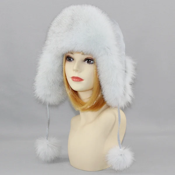 New Winter Women Lovely Real Fox Fur Hats Natural Fox Fur Winter Quality Thick Warm Fox Fur Bomber Hat - Цвет: white 1