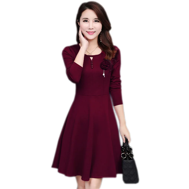 2018 Spring New Women Dress Hook Flowers Pure Color Long Sleeve