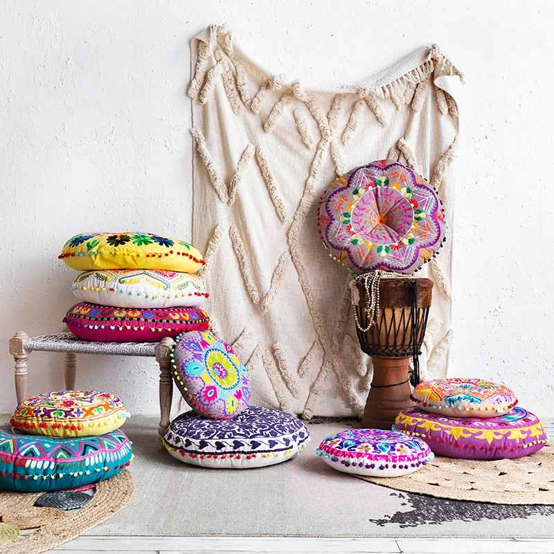 

Bohemian Style Tatami Ottoman Cushion Embroidered Upholstery Large 55*55*10 cm