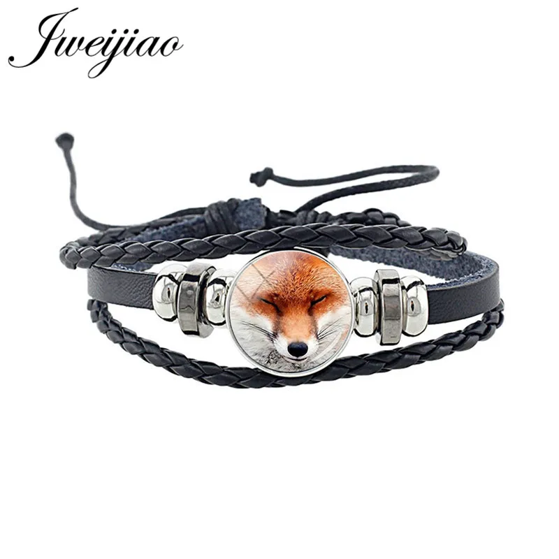 

JWEIJIAO New Cute Fox Bracelet Glass Animal Picture Cabochon Charm Black PU Leather Cord Bracelet Bangles Punk Jewelry Gift CN96