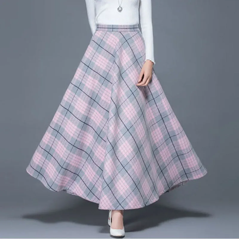 2018 Winter Plus Size 6XL 5XL XXXXXL Mode Roze Rooster Plaid Thicken Wollen Vrouwelijke Maxi Lange Rokken met Womens Kleding