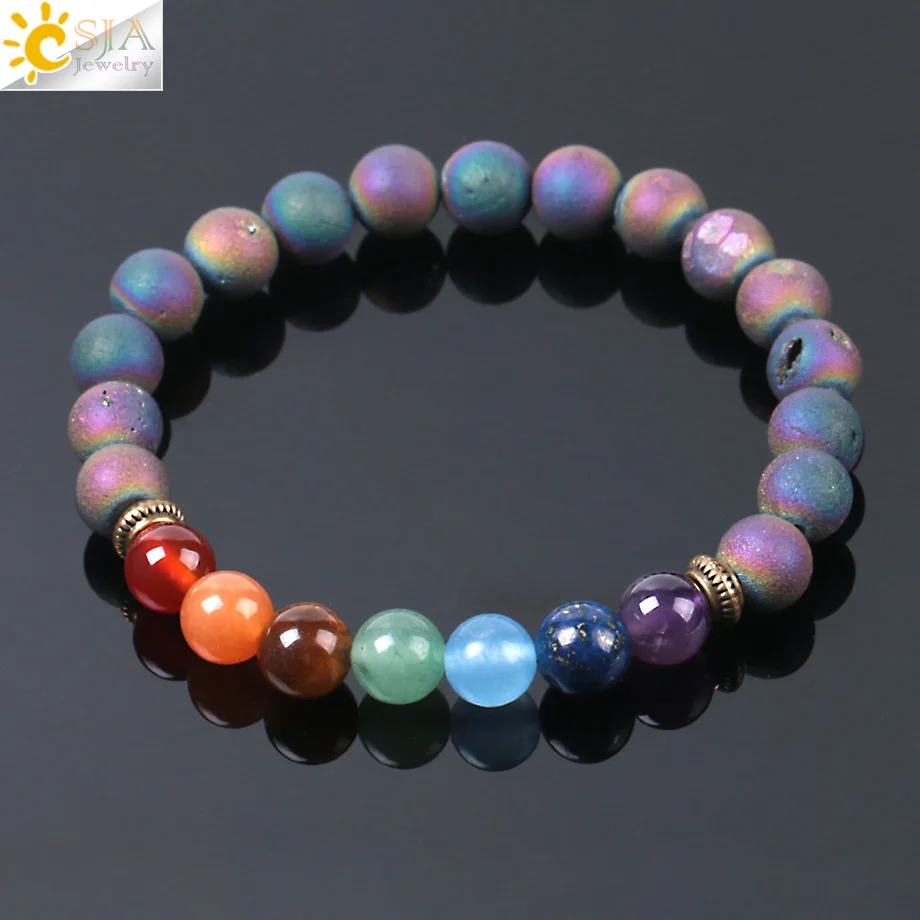 

CSJA 7 Chakra Colorful Mineral Beads Bracelets Bangles Natural Gem Stone Rosary Yoga Mala Bead Meditation Men Women Jewelry E953