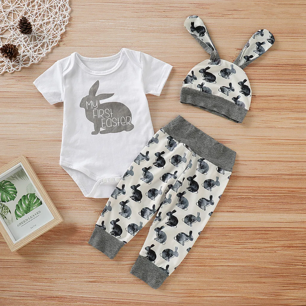 

Newborn Baby Girl Boy Cartoon Easter 3D Bunny Outfits Romper Hat Pants Set children clothes roupa infantil kids clothing set