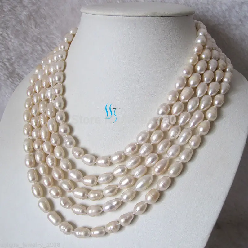 

Miss charm Jew.378 100" 6-8mm White Rice Freshwater Pearl Strands Necklace No Clasp