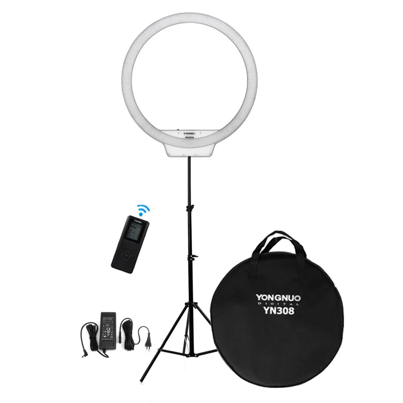

Yongnuo YN308 + 2m Stand + Power Adapter + Remote Bi-color 3200K-5500K CRI95+ Led Ring Video Live Selfie Fill Light Lighting Kit
