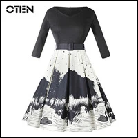 IHOT-1950-s-swing-dress-Chinese-Style-3-4-Sleeve-V-Neck-Vintage-Swan-Print-Black