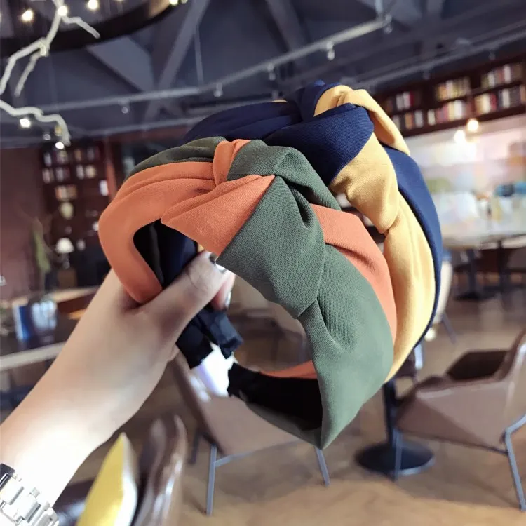 

2019 New Accessories Hairband Girl Cloth Cross Color Matching Middle Knot Wide Side Headband Head Hoop Hit Color