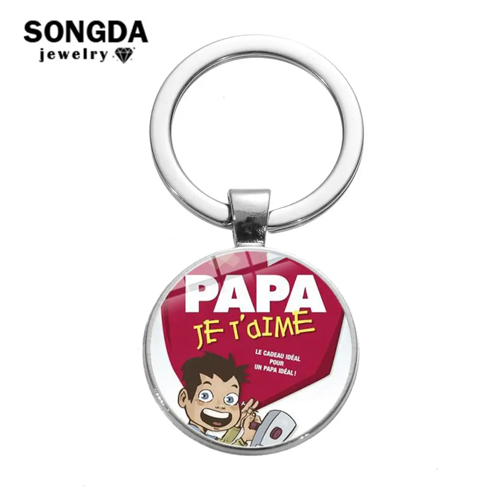 

SONGDA Fashion French Je t'aime Papa Keychain Father's Day Theme Super Papa Car Key Chain Glass Art Picture Key Ring Family Gift