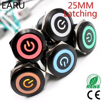 

25mm Black Latching Fixation type Metal Stainless Steel Waterproof LED Push Button Switch Car Auto Engine Start PC Power Symbol