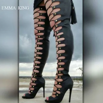 

Black Over Knee Boots Women Stunning Front Cut Outs and Buckled Design Stiletto High Heels Open Toe Long Boots Ladies Shoes