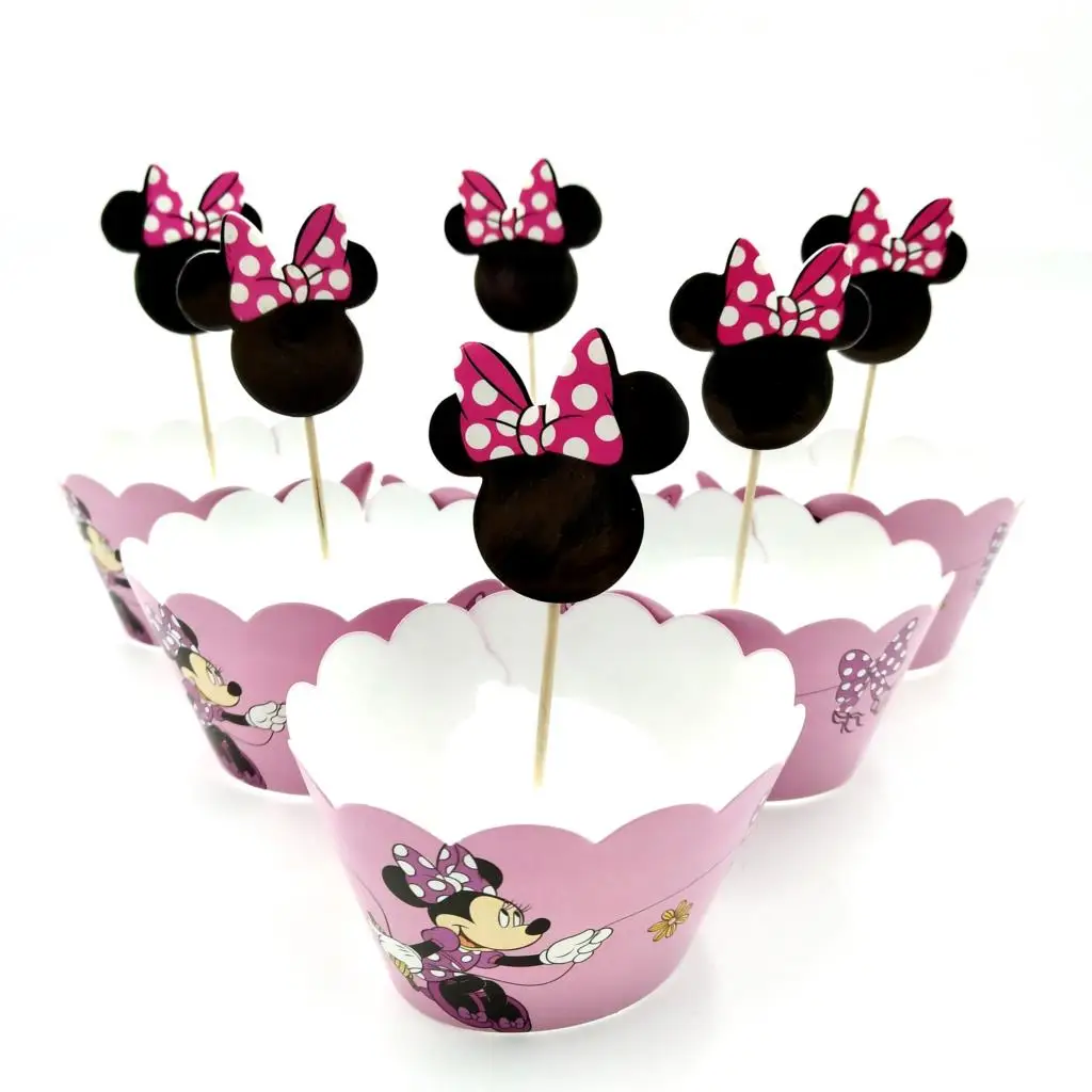 

24pcs Wrappers + Toppers Minnie Mickey Mouse Design Colored Paper Cupcake Cake Decorations Party Supplies