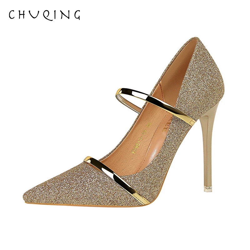 

CHUQING High Heels Shallow Mouth Pointed Sequin Cloth Sexy Slim High-heeled Word with a Single Shoe