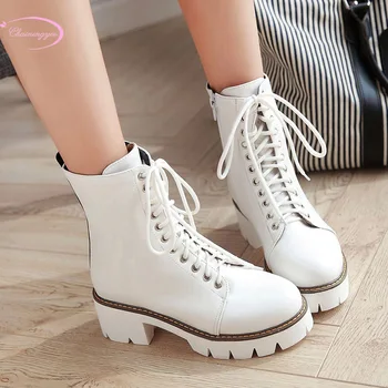 

Chainingyee college style round head autumn ankle boots fashion lace-up platform middle heel thick riding boots women's shoes