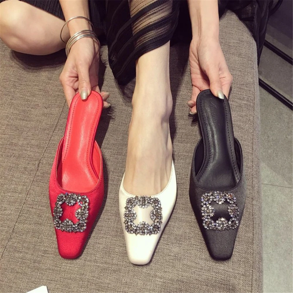 

LAPOLAKA Brand Ladies Med Heels Crystal Slip On Women Shoes Woman Sexy Mules Outside Summer Slippers Female