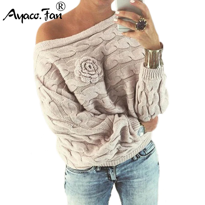 

Slash neck Twist Pullovers Autumn Winter New Solid Warm 3D Floral Loose Batwing Women Sweaters Casual Sexy Lady Knitted Sweater