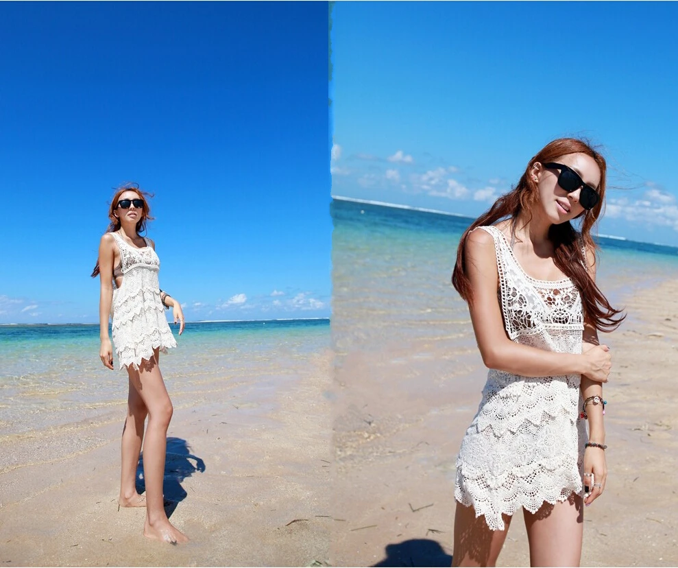 Korean Style White Cover up sexy beach bikini blouse openwork knit