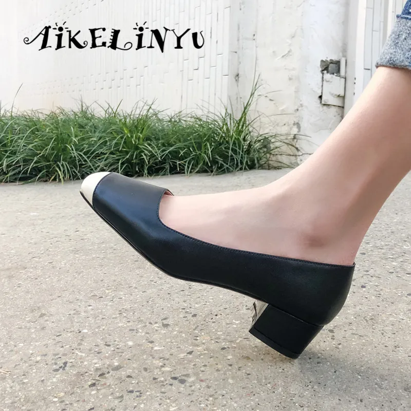 

AIKELINYU Fashion Shallow Pumps Genuine Leather Office Career Slip-on Spring Shoes Handmade Square Heel Concise New Women's Pump