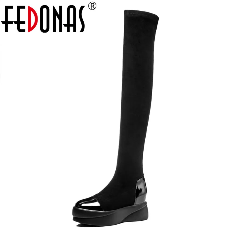 Goede FEDONAS Punk Zwarte Ronde Teen Platforms Partij Bruiloft Schoenen Vrouw Strakke Hoge Lange Warme Snowboots Vrouwelijke Sexy Hoge Schoenen vrouw