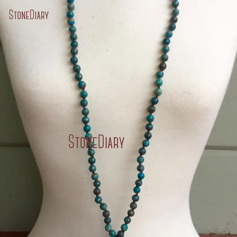 20180313-NM11103-Faceted Striated Jasper, Chrysocolla Mala Beads Protection Throat Chakra Yoga Jewelry Meditation Silk Sari Tassel Necklace_1