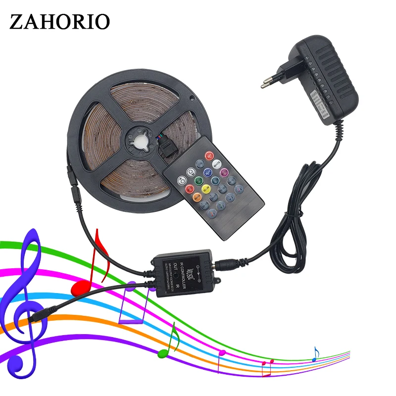 

RGB LED Strip 2835 non waterproof 5M 10M set Fita led light 10m 3528 rgb diode led tape set+Music controller+DC12V Power Adapter