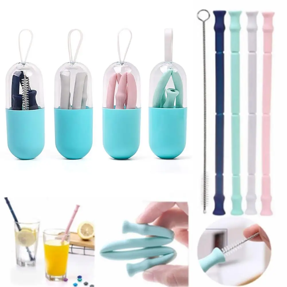 

Reusable Folding Silicone Drinking Straw with Cleaner Brush Can Kit