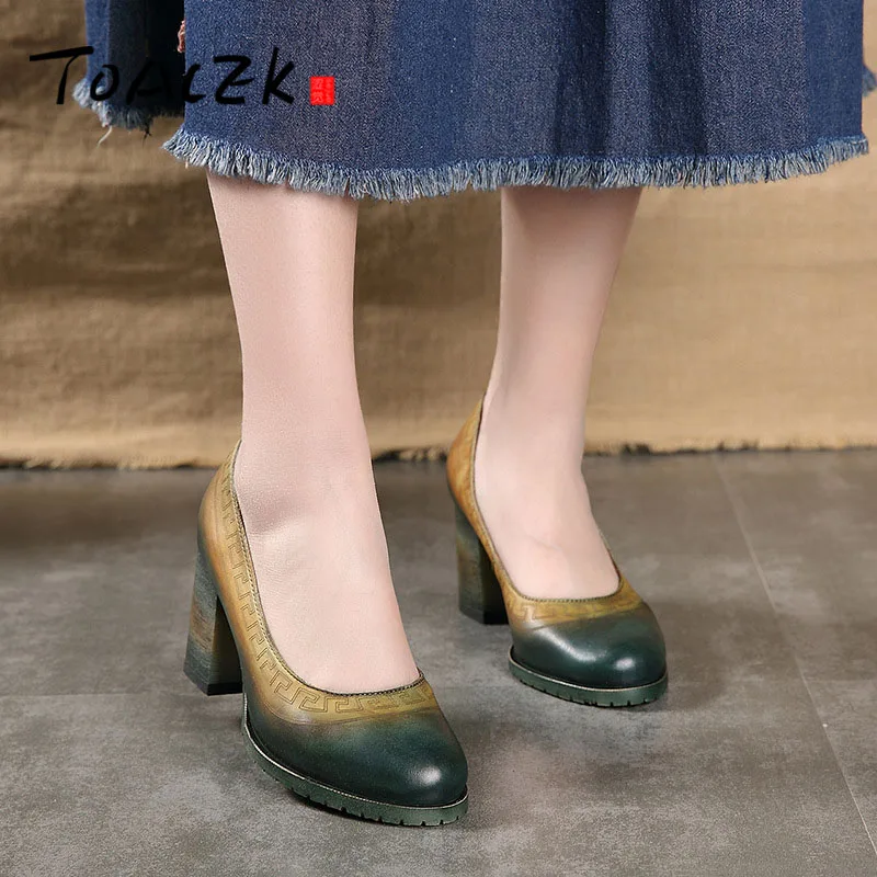 

Spring Retro national style rough heel round head women's shoes gradually color art carved high heel shoes