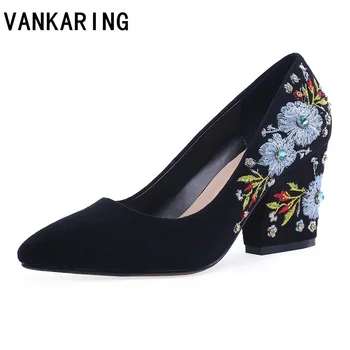 

new fashion embroidery genuine leather pumps summer shoes woman sexy high heels pointed toe women party dress shoes black pumps