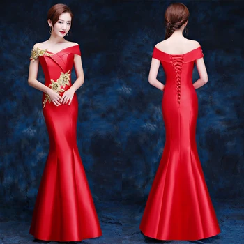

Chinese Vintage Red Full Length Cheongsam Asian Bride Wedding Party Dress Sexy Slim Qipao Off Shoulder Mermaid Vestidos S-XXL