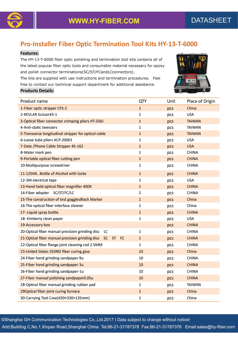 Pro-Installer Fiber Optic Termination Tool Kits HY-13-T-60001 