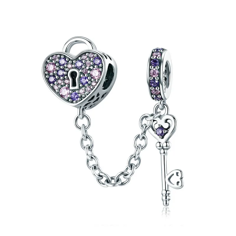

MOWIMO Purple Heart Key of Lock Safety Chain 925 Sterling Silver Charms Fit Original Pandora Bracelet DIY Jewelry Making BKC772