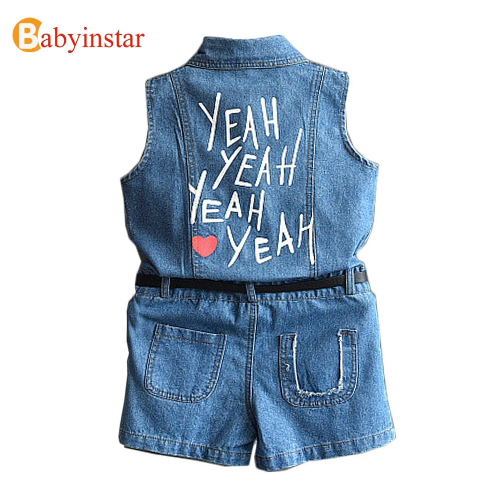 Babyinstar/комбинезон для маленьких девочек модный джинсовый комбинезон для малышей Детский комбинезон без рукавов с буквенным принтом на спине новые джинсы