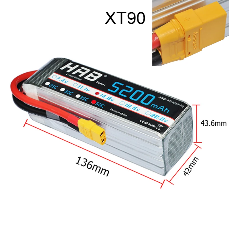 

HRB Lipo Battery 4S 14.8V 5200mAh 50C Max 100C for RC Drone Quadcopter Boat Airplane 700 Helicopter