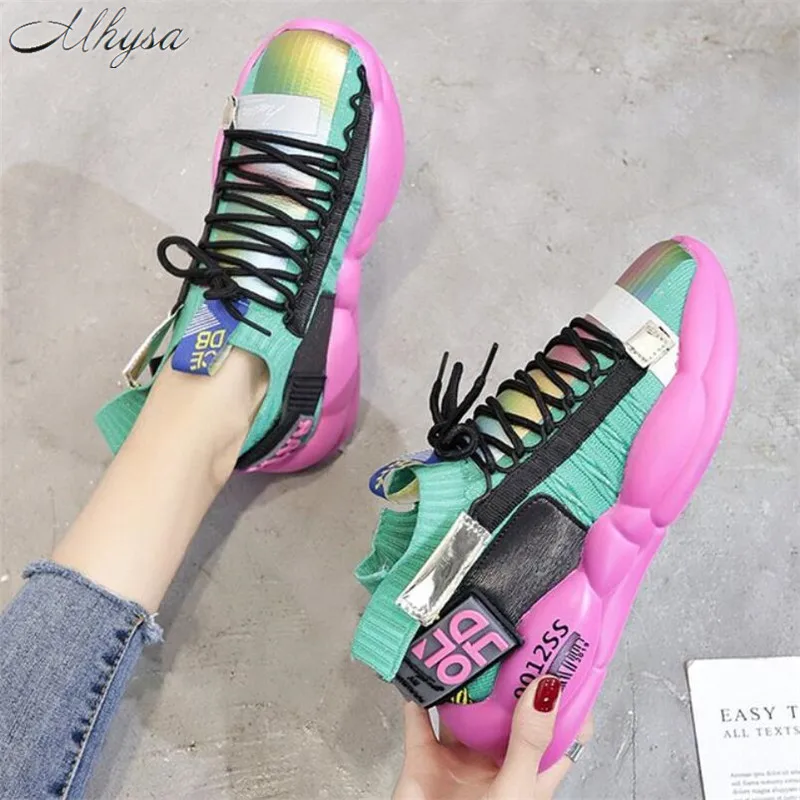 

Mhysa 2019 Spring New Mixed Color Breathable Stretch Elastic Socks Shoes Muffin Bottom Casual Fashion Lace-up women SneakersT934