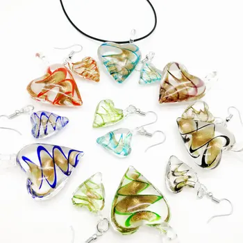 

Free Shipping Wholesale 6 Sets Heart Shaped Golden Sand Twisted Glass Pendant Necklace Earrings Set, Fashion Jewelry Set