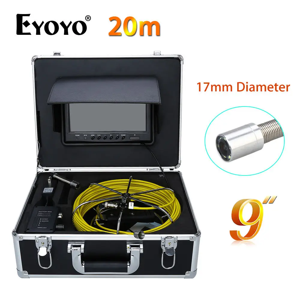 

Eyoyo 20M 9" LCD 1000TVL 17mm 120degree Wall Drain Sewer Pipe Line Inspection Camera System CCTV HD Cam Snake Inspection Color